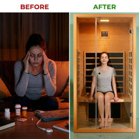 1 Person Extendable FAR Infrared Sauna for Home, Hemlock Wood Low EMF 6 Carbon Heaters Indoor Saunas with LED Lights, Bluetooth Speaker, Digital Control Panel, and Seating Bench — Before & After