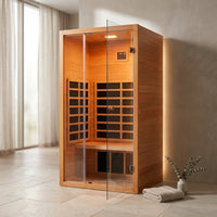 1 Person Extendable FAR Infrared Sauna for Home, Hemlock Wood Low EMF 6 Carbon Heaters Indoor Saunas with LED Lights, Bluetooth Speaker, Digital Control Panel, and Seating Bench — Studio Shot