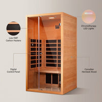 1 Person Extendable FAR Infrared Sauna for Home, Hemlock Wood Low EMF 6 Carbon Heaters Indoor Saunas with LED Lights, Bluetooth Speaker, Digital Control Panel, and Seating Bench — infographic