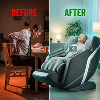 4D Deluxe Gray and Black Zero Gravity and Space Saving Faux Leather Heated Massage Chair with Sl-Track and Bluetooth — Before & After