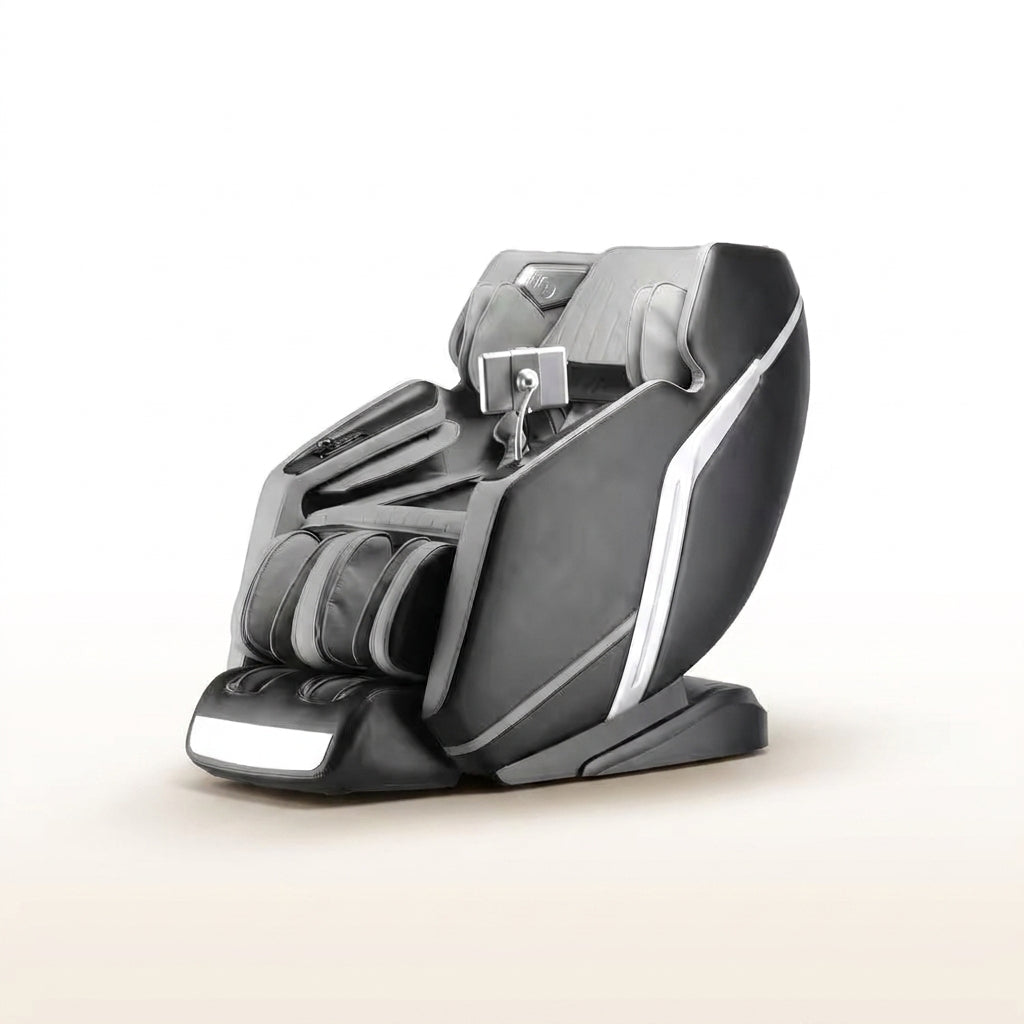 4D Deluxe Gray and Black Zero Gravity and Space Saving Faux Leather Heated Massage Chair with Sl-Track and Bluetooth — Studio Shot