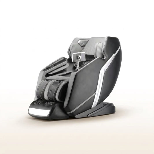 4D Deluxe Gray and Black Zero Gravity and Space Saving Faux Leather Heated Massage Chair with Sl-Track and Bluetooth — Studio Shot