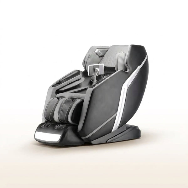 4D Deluxe Gray and Black Zero Gravity and Space Saving Faux Leather Heated Massage Chair with Sl-Track and Bluetooth — Studio Shot