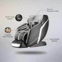 4D Deluxe Gray and Black Zero Gravity and Space Saving Faux Leather Heated Massage Chair with Sl-Track and Bluetooth — infographic