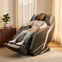 4D Deluxe Gray and Black Zero Gravity and Space Saving Faux Leather Heated Massage Chair with Sl-Track and Bluetooth — Lifestyle