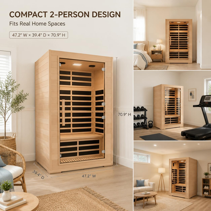 2 Person Far Infrared Sauna with Smart APP Control, 2000W Low EMF Wooden Infrared Sauna Room for Home, 8 Carbon Mica Heating Panels Wellness Sauna, Canadian Hemlock Indoor Spa for Home Relaxation