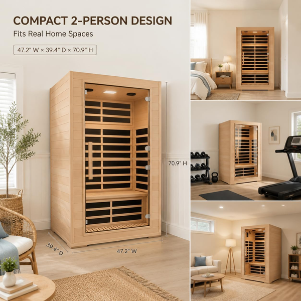 2 Person Far Infrared Sauna with Smart APP Control, 2000W Low EMF Wooden Infrared Sauna Room for Home, 8 Carbon Mica Heating Panels Wellness Sauna, Canadian Hemlock Indoor Spa for Home Relaxation