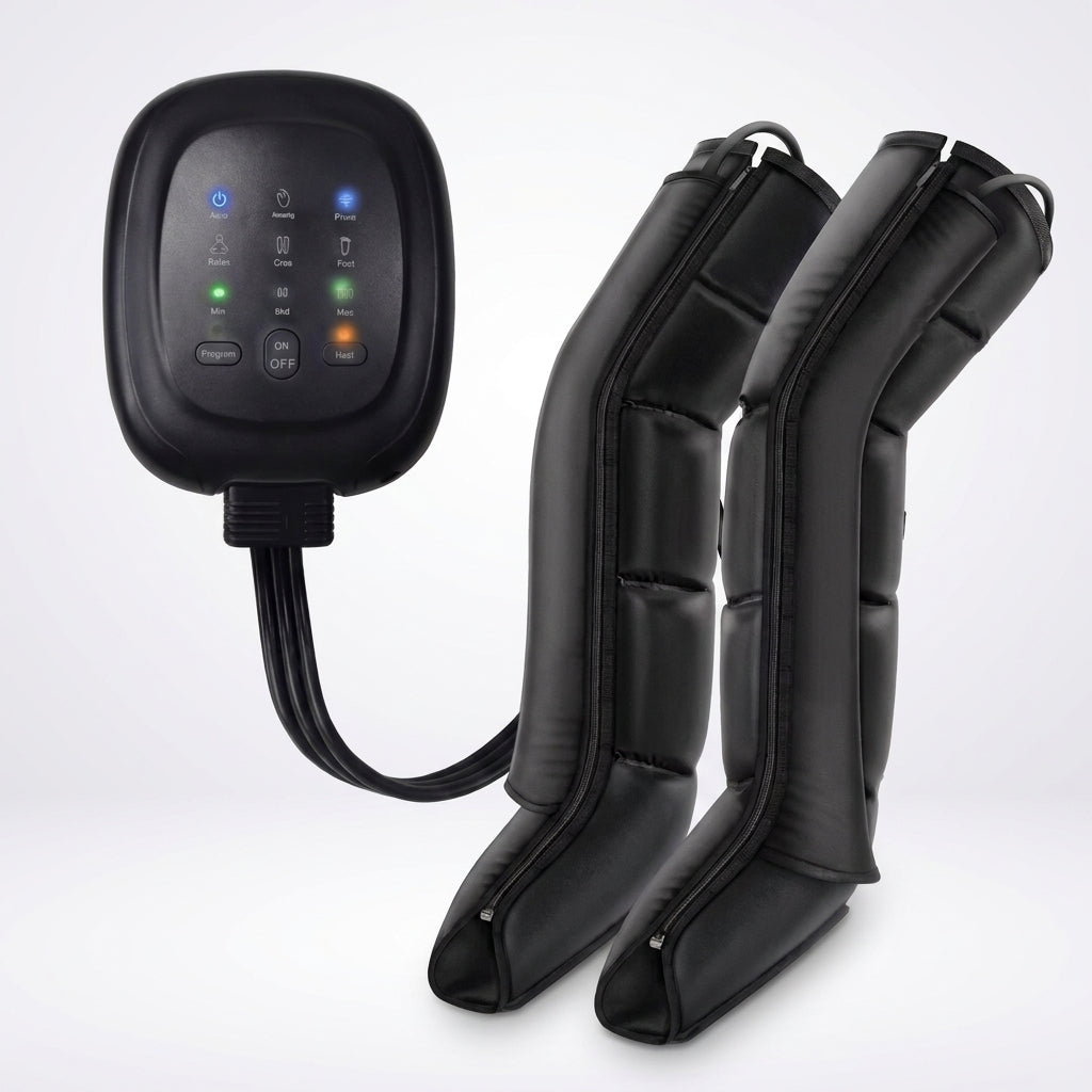 Air Compression Leg Recovery System Foot Massager for Circulation and Relaxation Calf Massage Muscle Pain Relief Device — Studio Shot